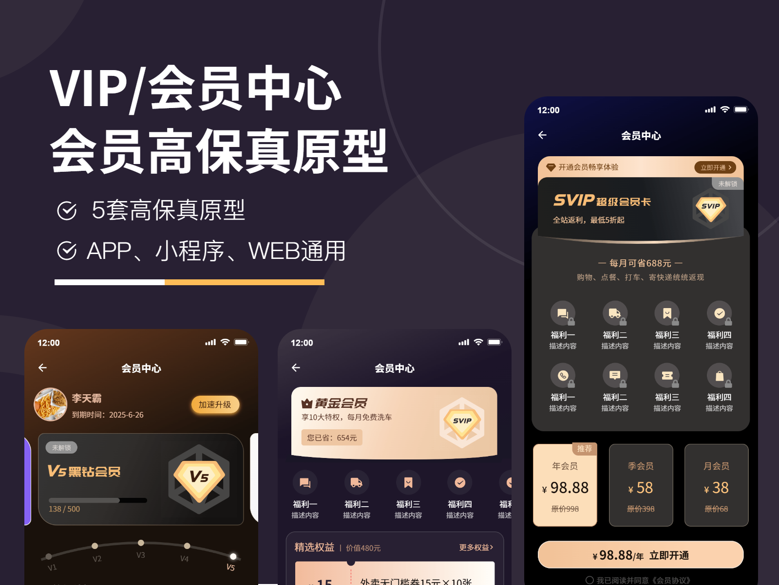 VIP、会员、权益、积分中心系统高保真模块组件5套原型